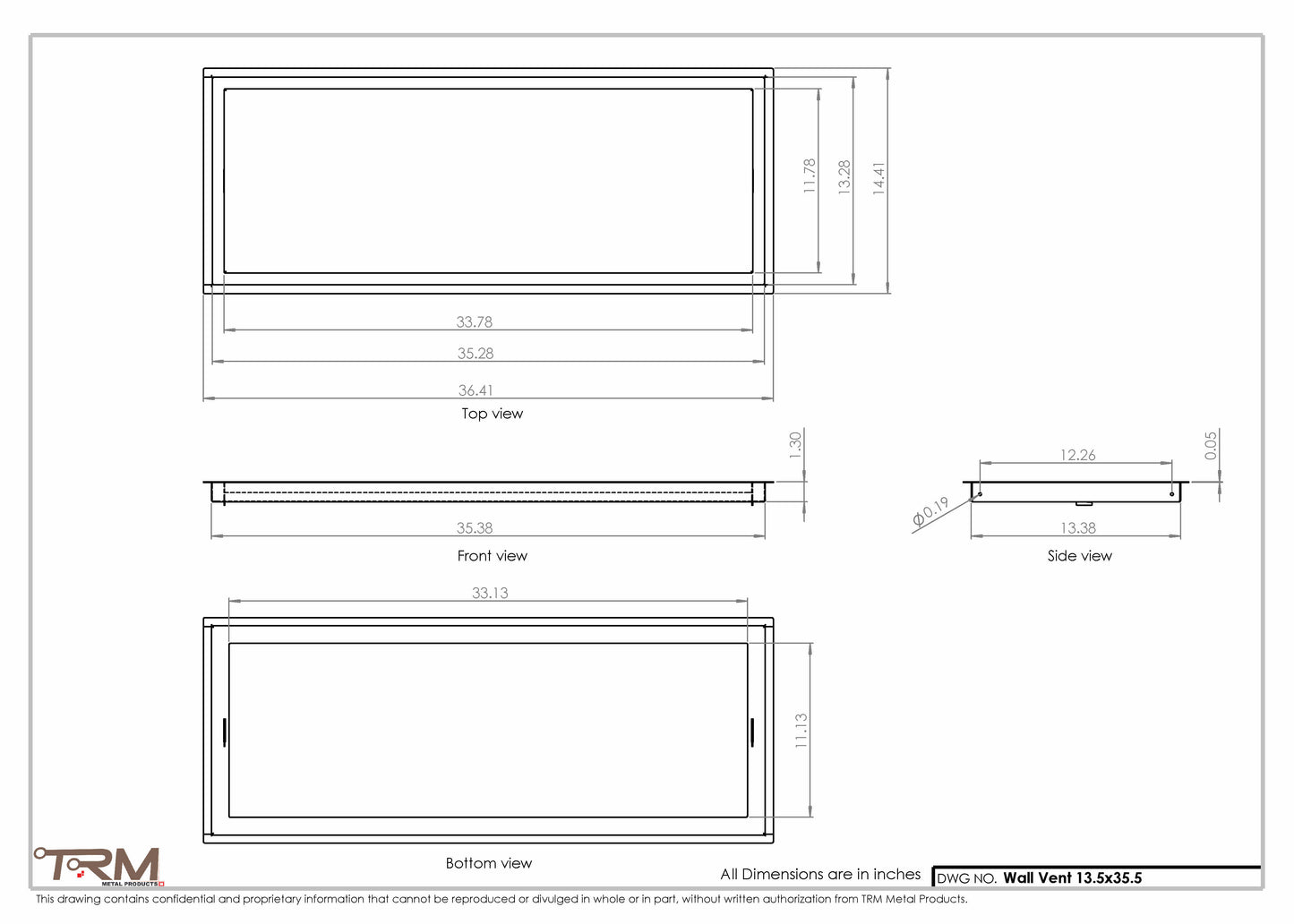 13.5x35.5 - Wall Vent - Modern Vent Cover -  Return Air Vent - TRM Metal  35.5x13.5