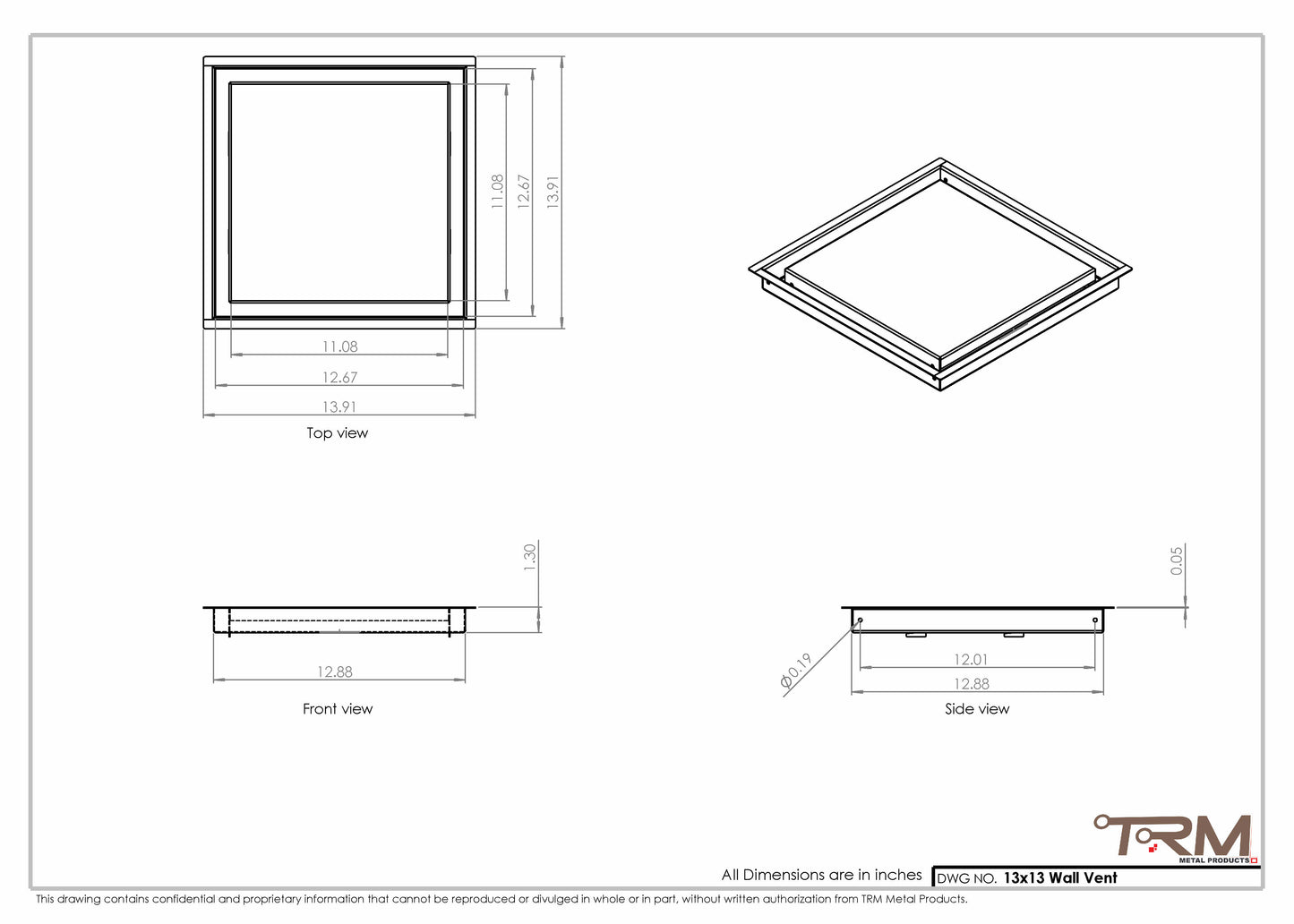 13x13 - Wall Vent - Modern Vent Cover -  Return Air Vent - TRM Metal  13x13
