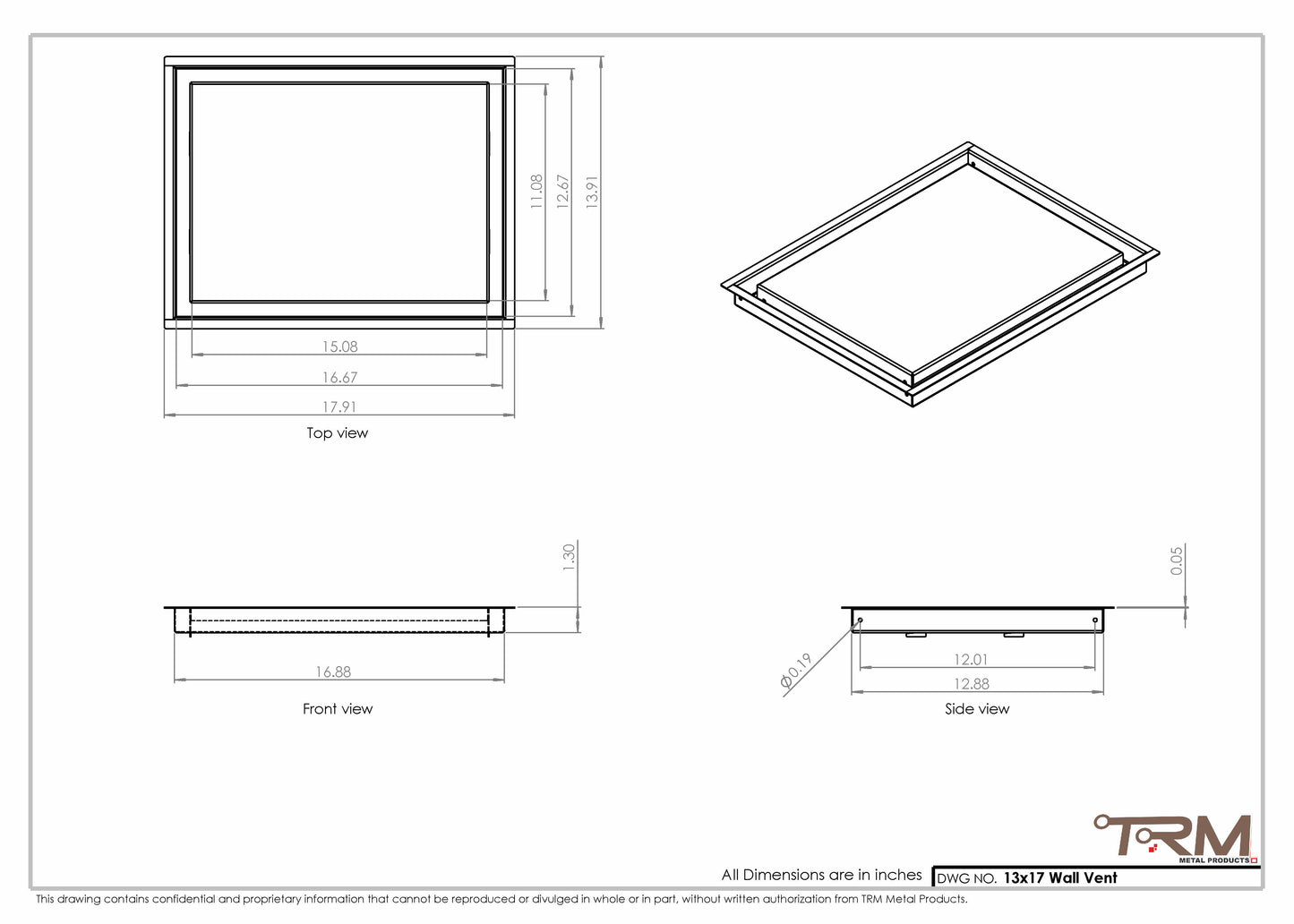 13x17 - Wall Vent - Modern Vent Cover -  Return Air Vent - TRM Metal  17x13