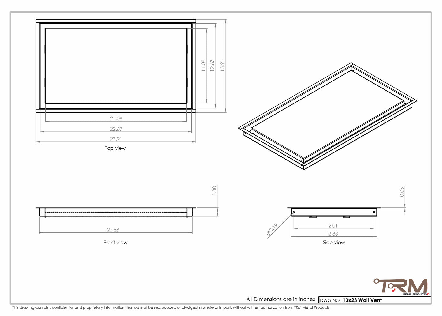 13x23 - Wall Vent - Modern Vent Cover -  Return Air Vent - TRM Metal  23x13