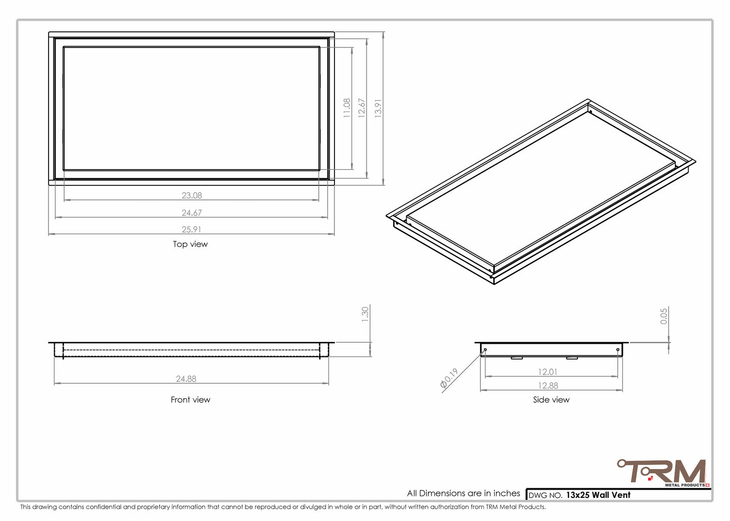 13x25 - Wall Vent - Modern Vent Cover -  Return Air Vent - TRM Metal  25x13