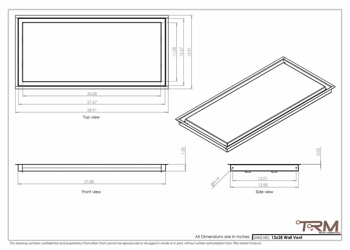 13x28 - Wall Vent - Modern Vent Cover -  Return Air Vent - TRM Metal  28x13