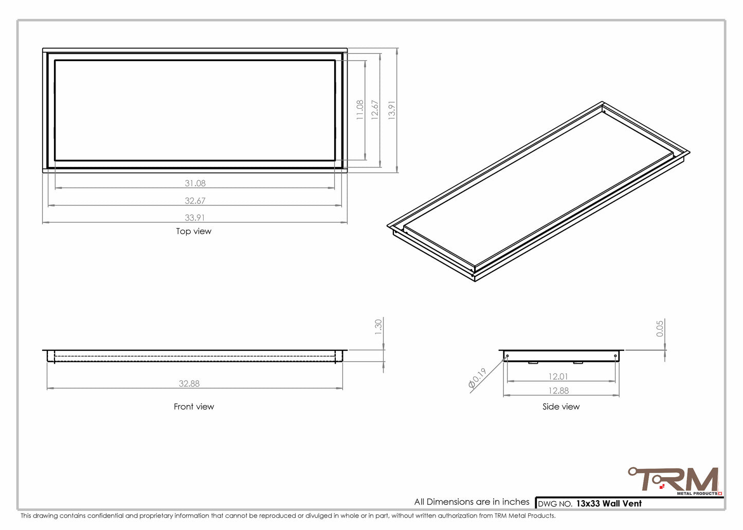 13x33 - Wall Vent - Modern Vent Cover -  Return Air Vent - TRM Metal  33x13