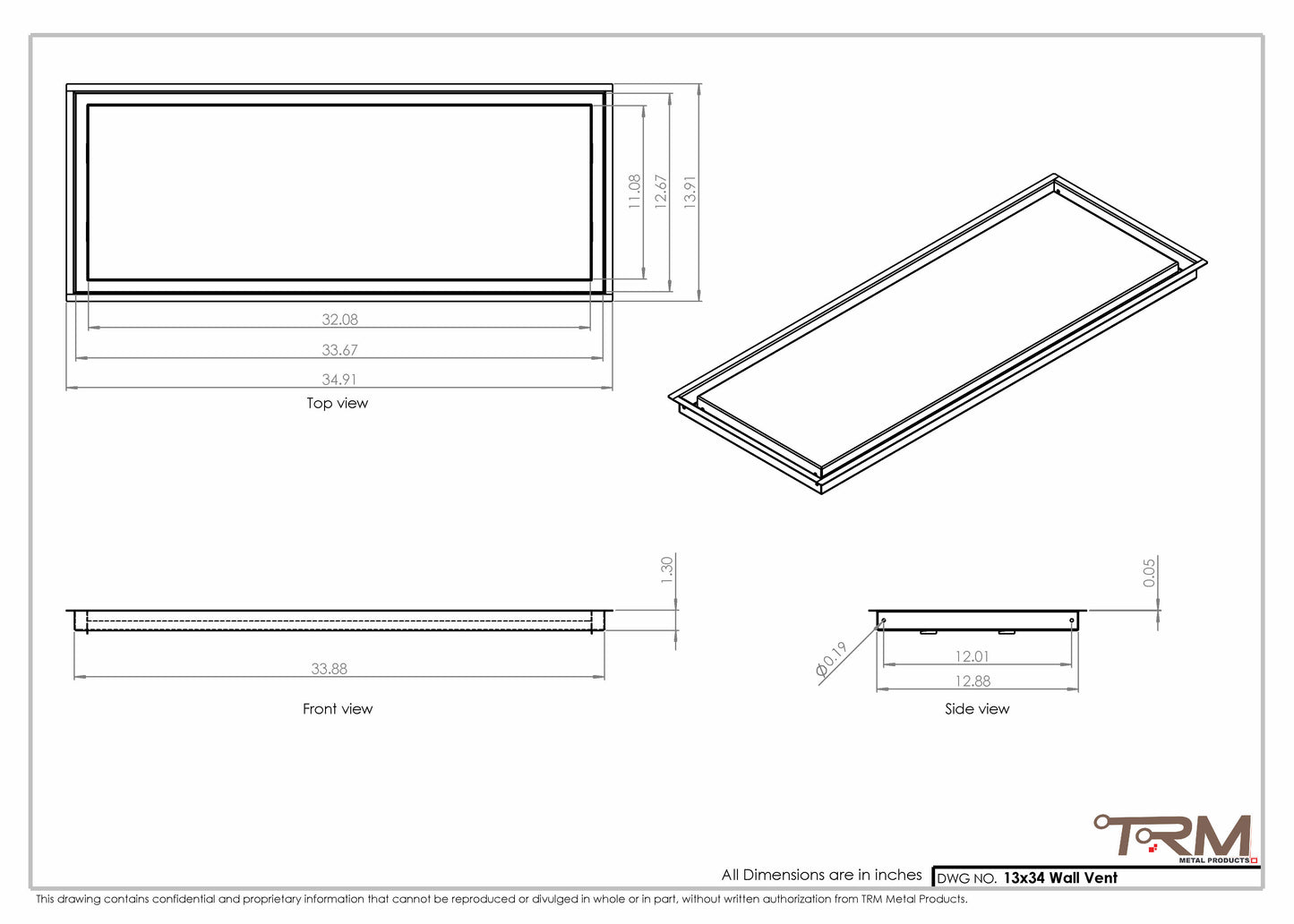 13x34 - Wall Vent - Modern Vent Cover -  Return Air Vent - TRM Metal  34x13