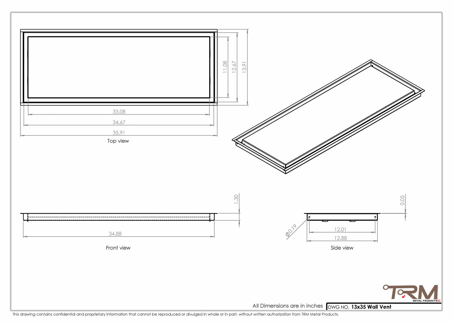 13x35 - Wall Vent - Modern Vent Cover -  Return Air Vent - TRM Metal  35x13