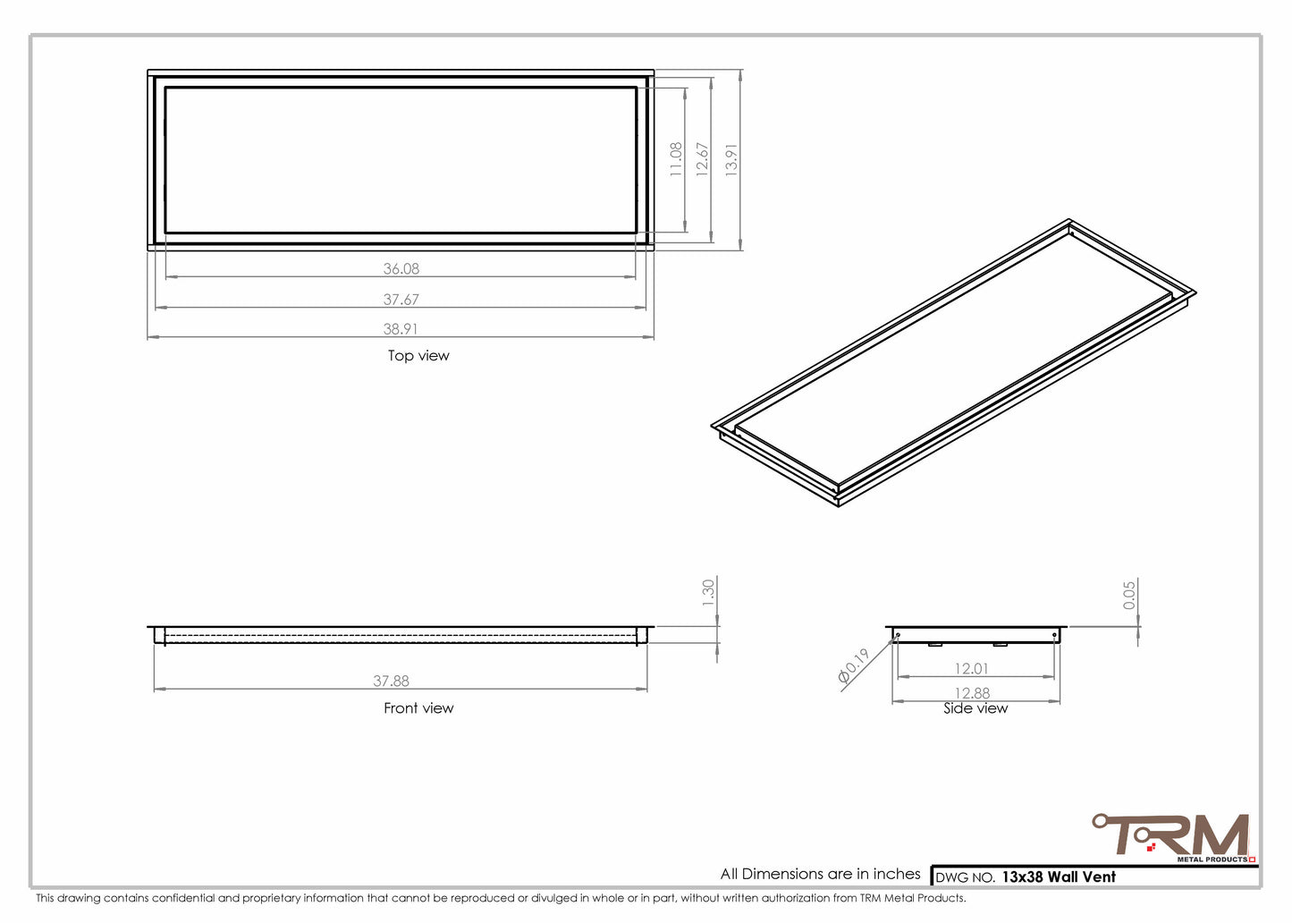 13x38 - Wall Vent - Modern Vent Cover -  Return Air Vent - TRM Metal  38x13