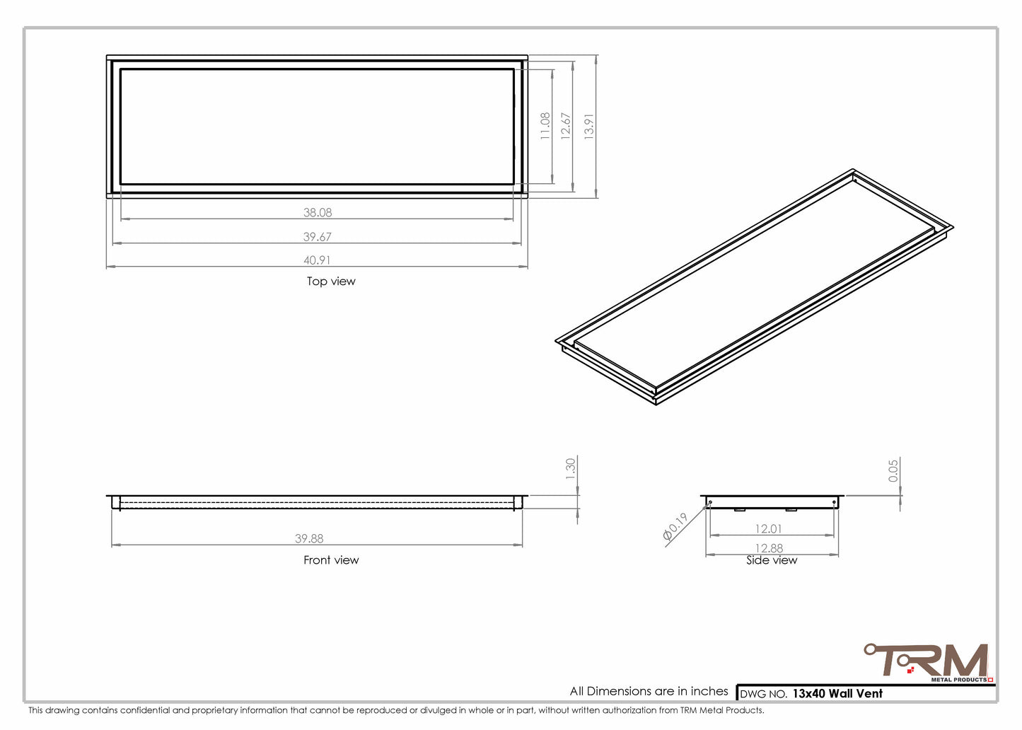 13x40 - Wall Vent - Modern Vent Cover -  Return Air Vent - TRM Metal  40x13