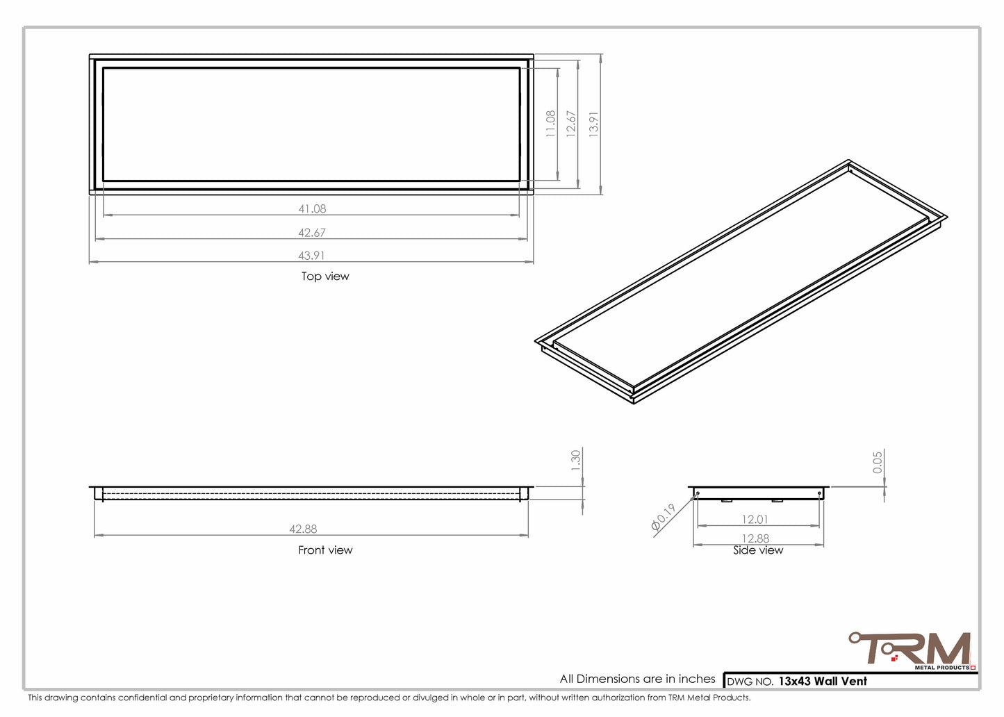 13x43 - Wall Vent - Modern Vent Cover -  Return Air Vent - TRM Metal  43x13