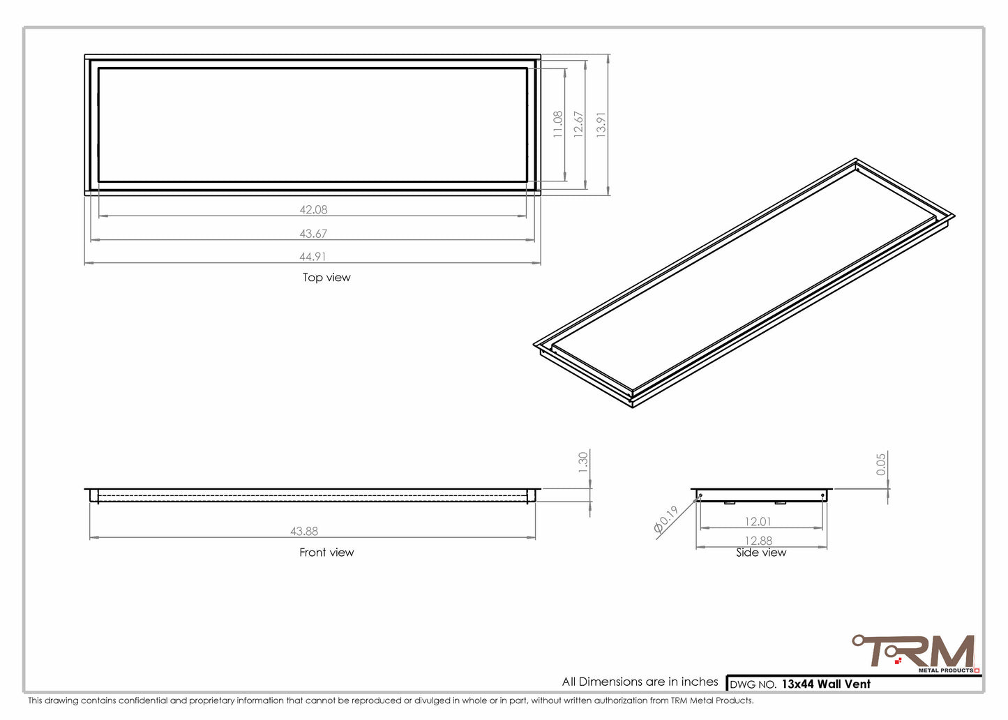 13x44 - Wall Vent - Modern Vent Cover -  Return Air Vent - TRM Metal  44x13
