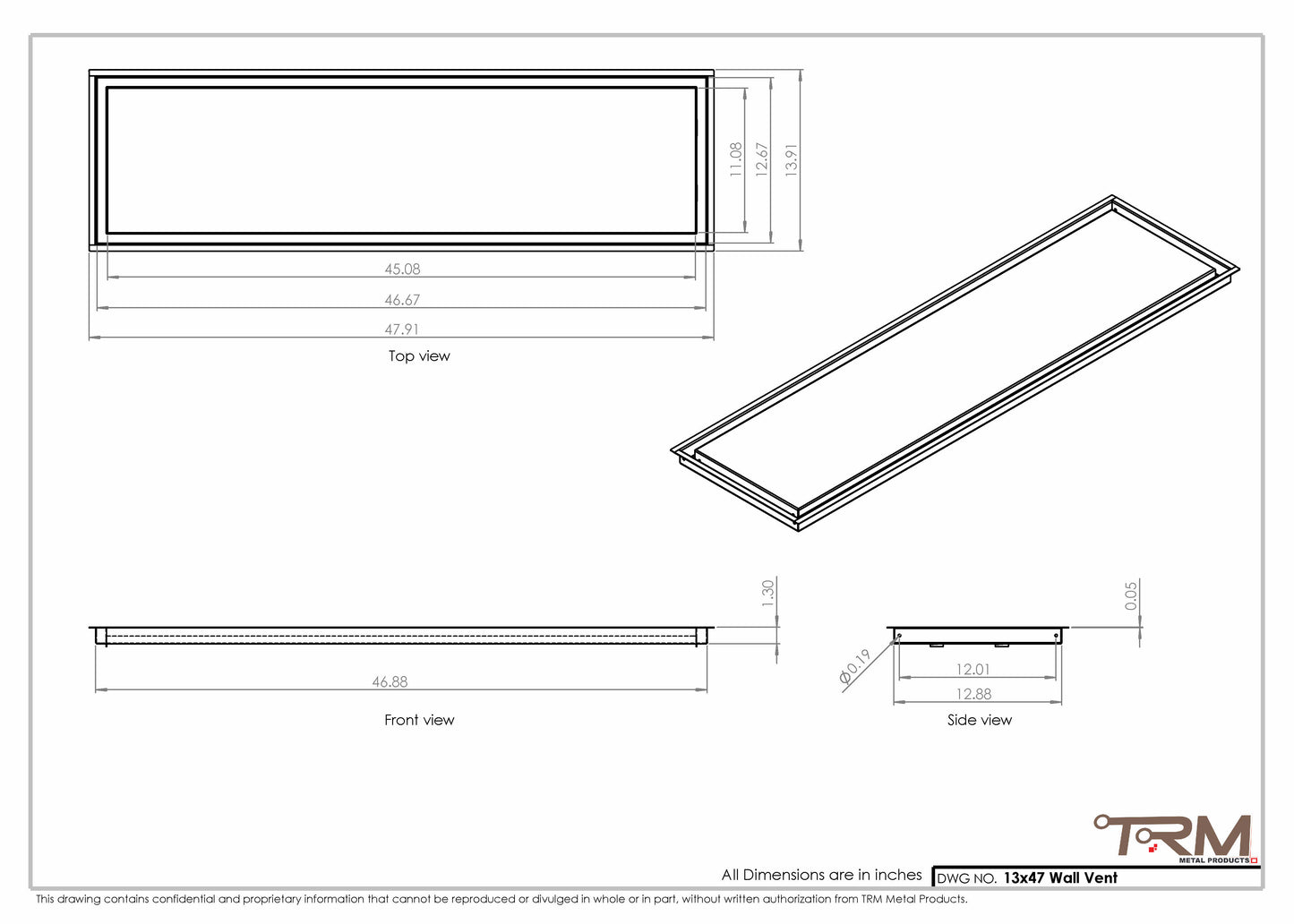 13x47 - Wall Vent - Modern Vent Cover -  Return Air Vent - TRM Metal  47x13