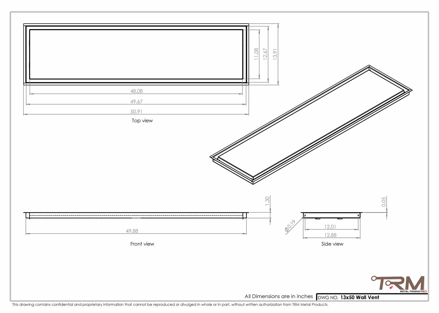 13x50 - Wall Vent - Modern Vent Cover -  Return Air Vent - TRM Metal  50x13