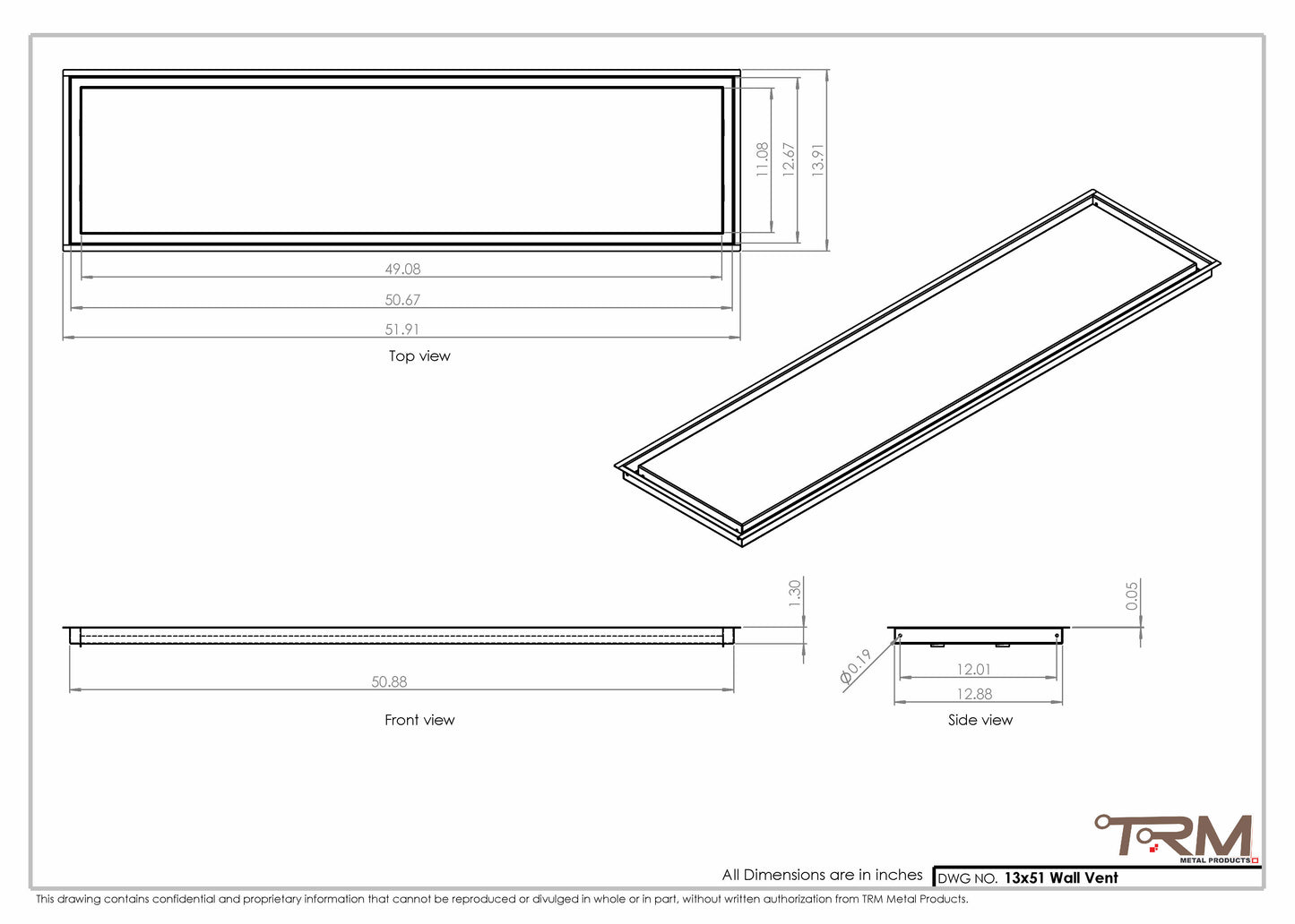 13x51 - Wall Vent - Modern Vent Cover -  Return Air Vent - TRM Metal  51x13