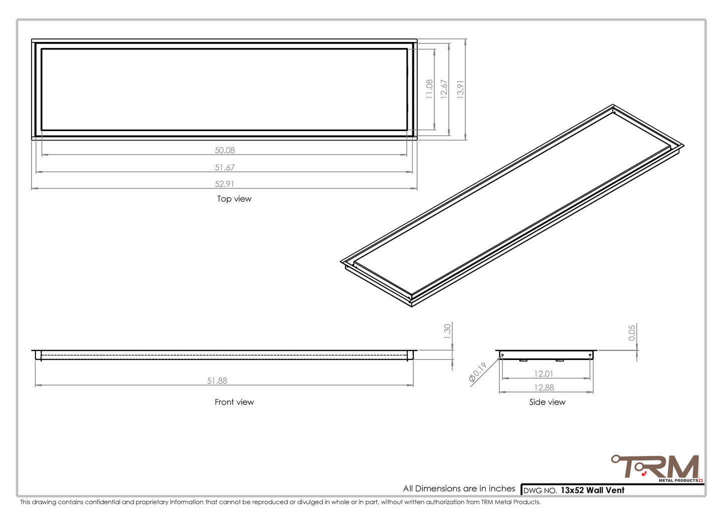 13x52 - Wall Vent - Modern Vent Cover -  Return Air Vent - TRM Metal  52x13
