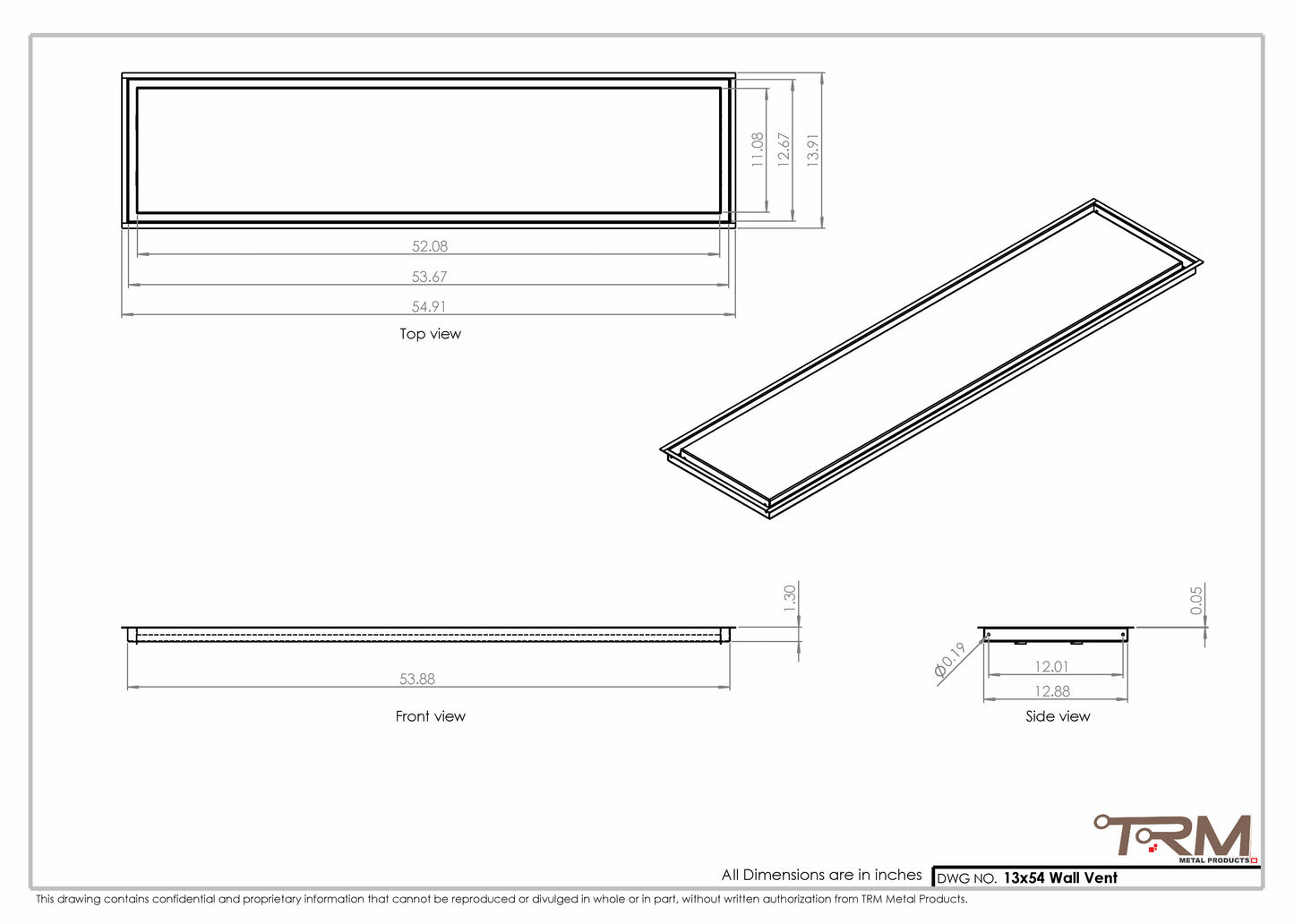 13x54 - Wall Vent - Modern Vent Cover -  Return Air Vent - TRM Metal  54x13