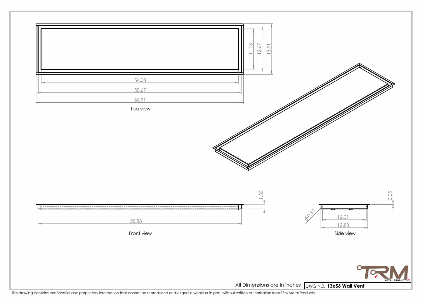 13x56 - Wall Vent - Modern Vent Cover -  Return Air Vent - TRM Metal  56x13