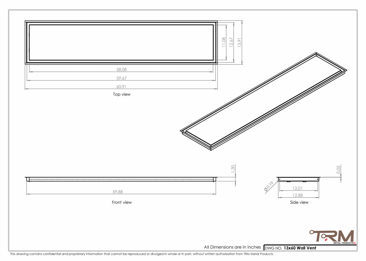13x60 - Wall Vent - Modern Vent Cover -  Return Air Vent - TRM Metal  60x13