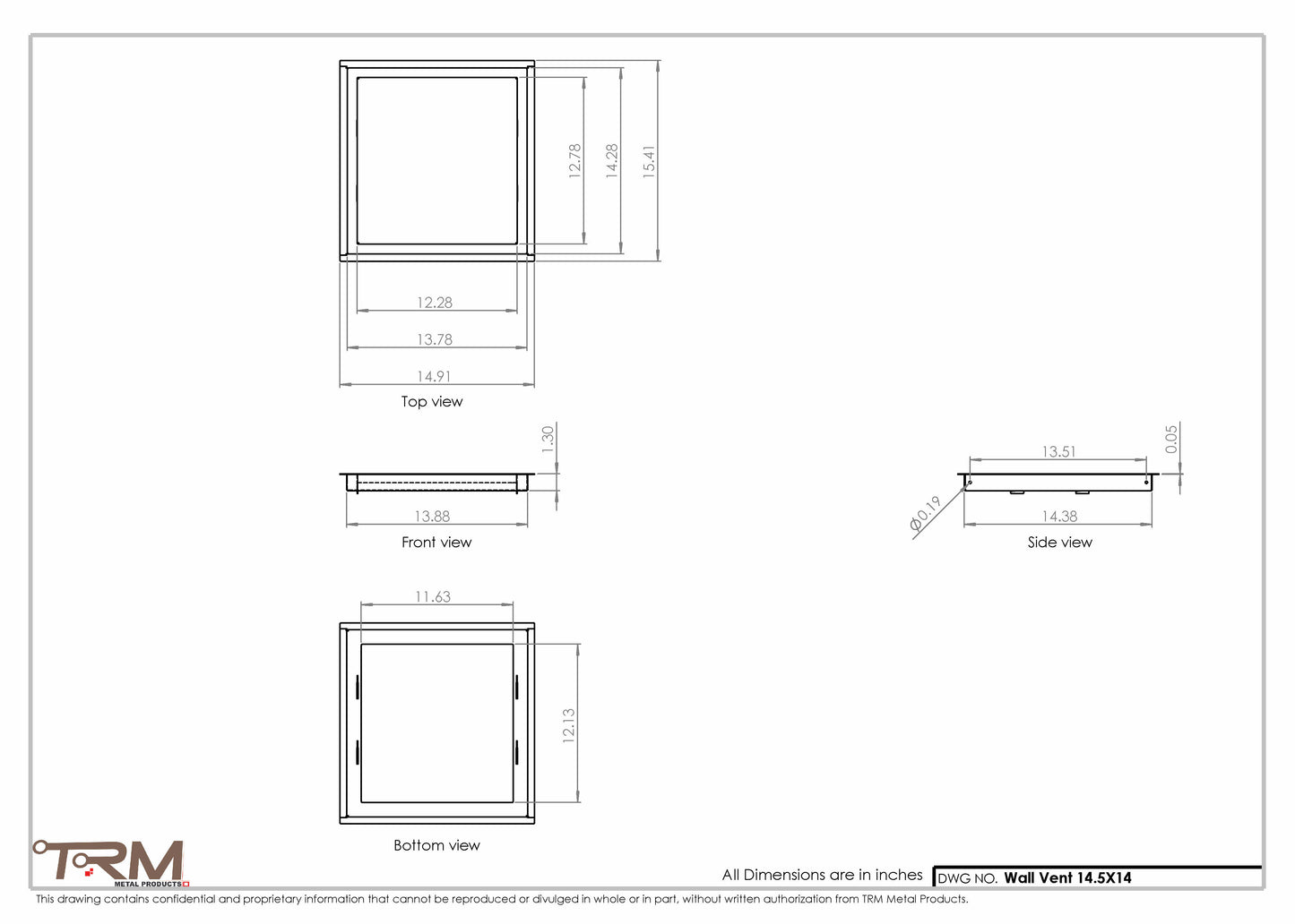 14.5x14 - Wall Vent - Modern Vent Cover -  Return Air Vent - TRM Metal  14x14.5