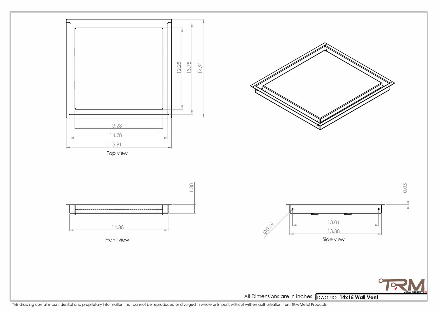 14x15 - Wall Vent - Modern Vent Cover -  Return Air Vent - TRM Metal  15x14