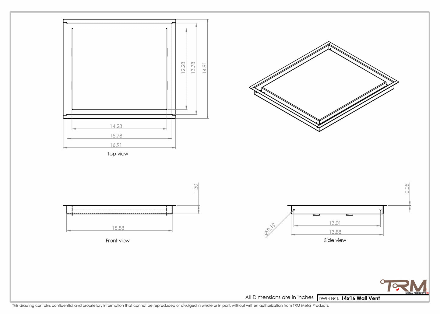 14x16 - Wall Vent - Modern Vent Cover -  Return Air Vent - TRM Metal  16x14