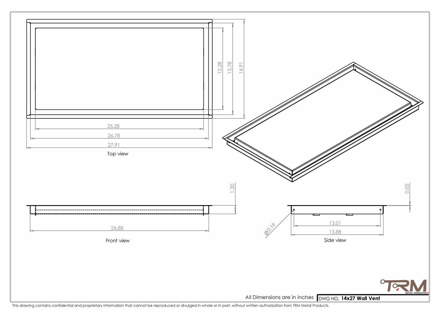 14x27 - Wall Vent - Modern Vent Cover -  Return Air Vent - TRM Metal  27x14