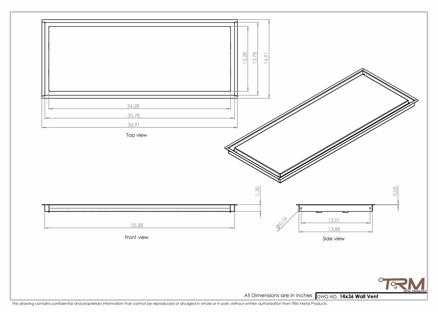 14x36 - Wall Vent - Modern Vent Cover -  Return Air Vent - TRM Metal  36x14