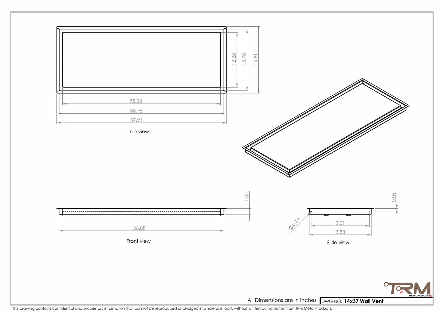 14x37 - Wall Vent - Modern Vent Cover -  Return Air Vent - TRM Metal  37x14