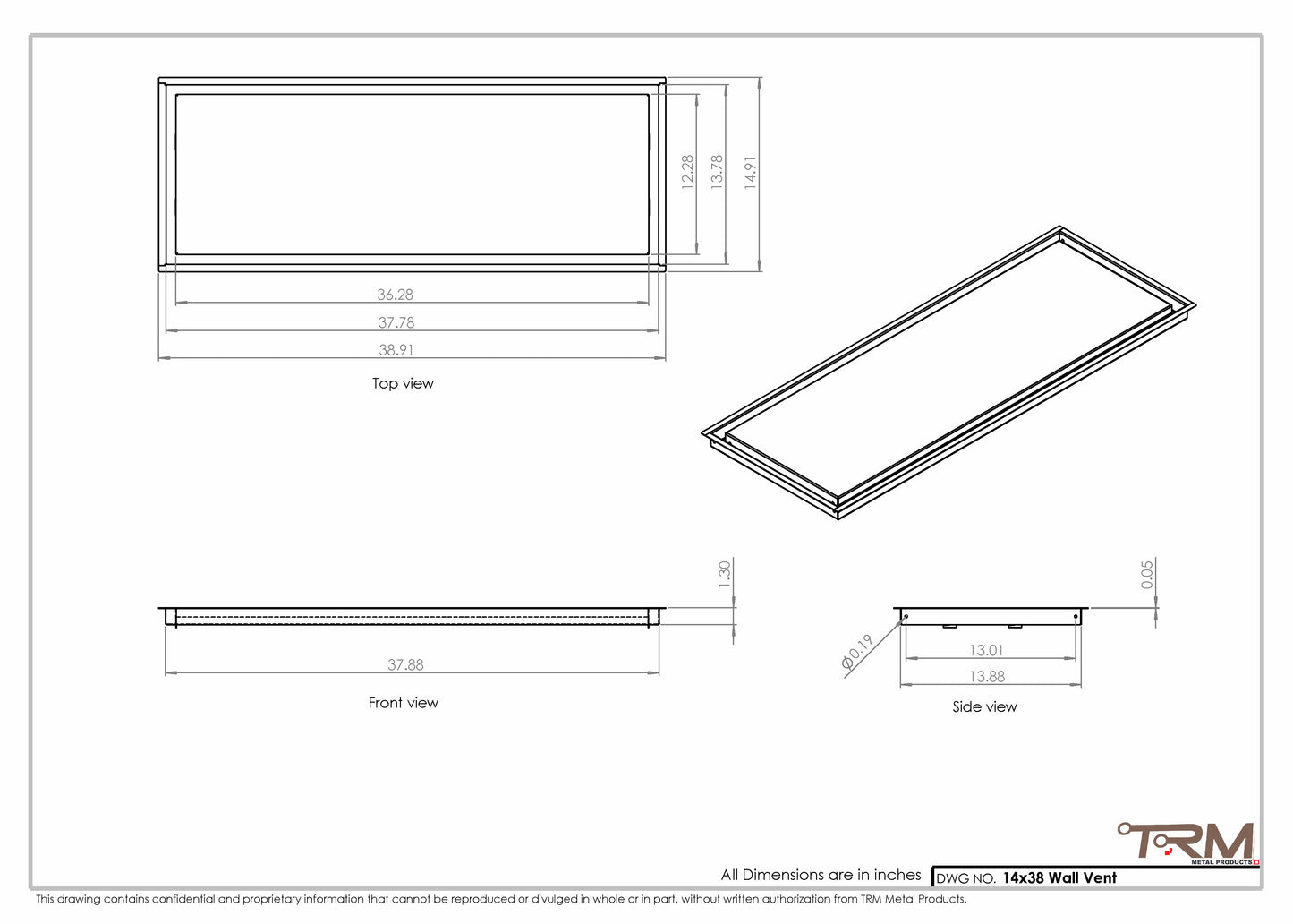 14x38 - Wall Vent - Modern Vent Cover -  Return Air Vent - TRM Metal  38x14