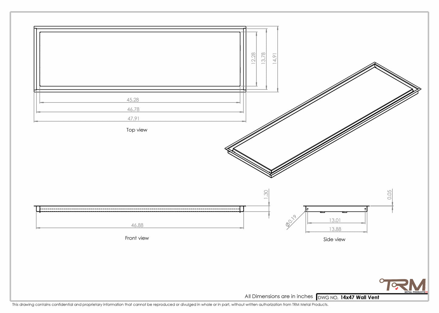 14x47 - Wall Vent - Modern Vent Cover -  Return Air Vent - TRM Metal  47x14
