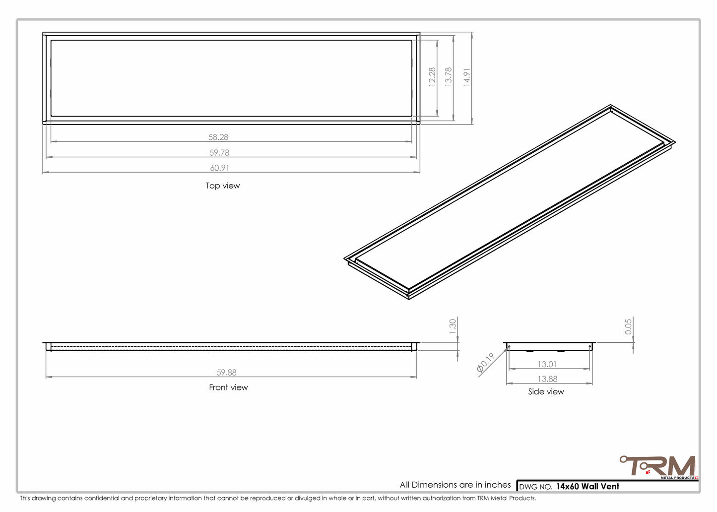 14x60 - Wall Vent - Modern Vent Cover -  Return Air Vent - TRM Metal  60x14