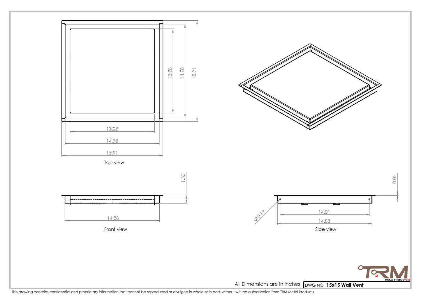 15x15 - Wall Vent - Modern Vent Cover -  Return Air Vent - TRM Metal  15x15