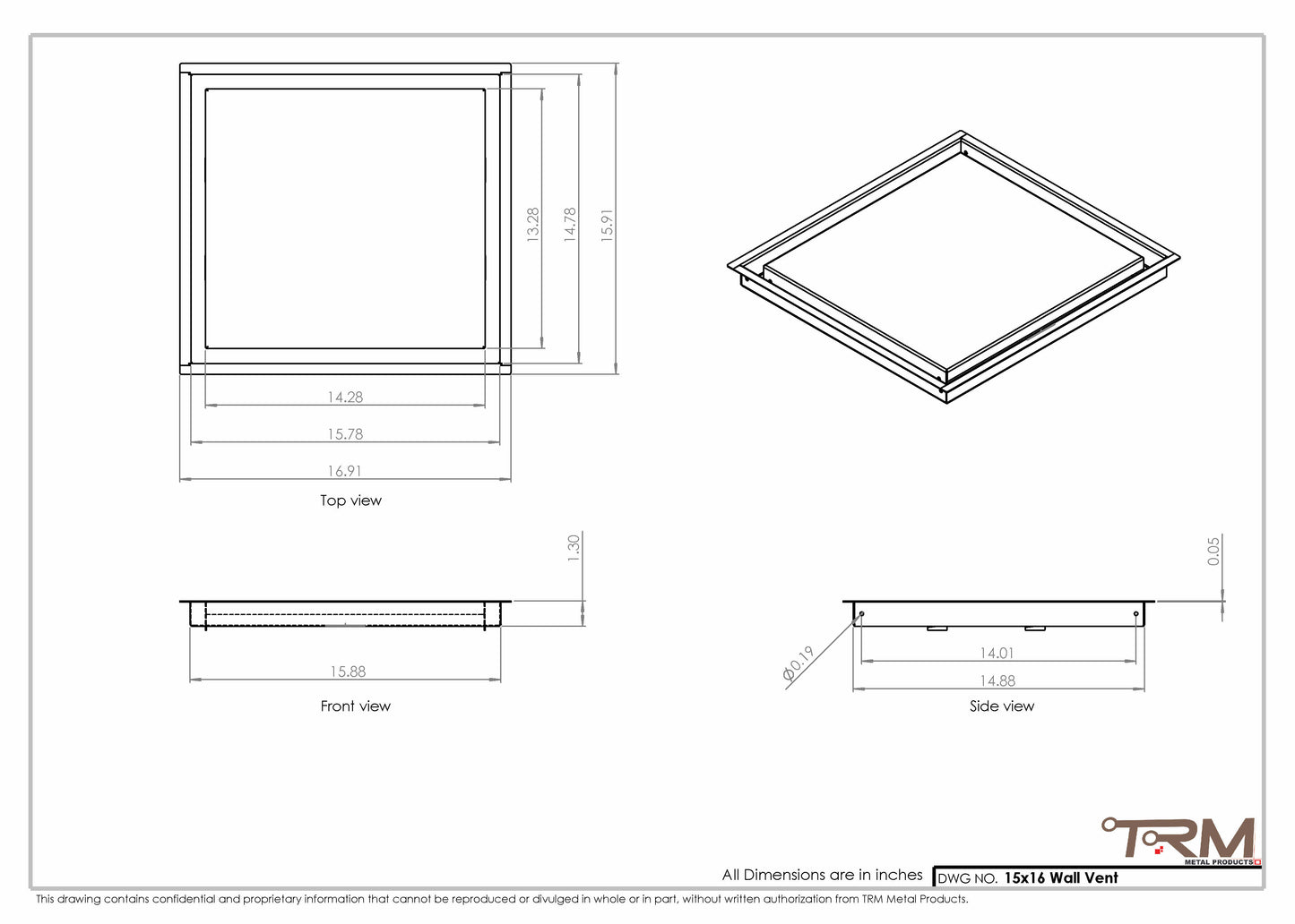 15x16 - Wall Vent - Modern Vent Cover -  Return Air Vent - TRM Metal  16x15