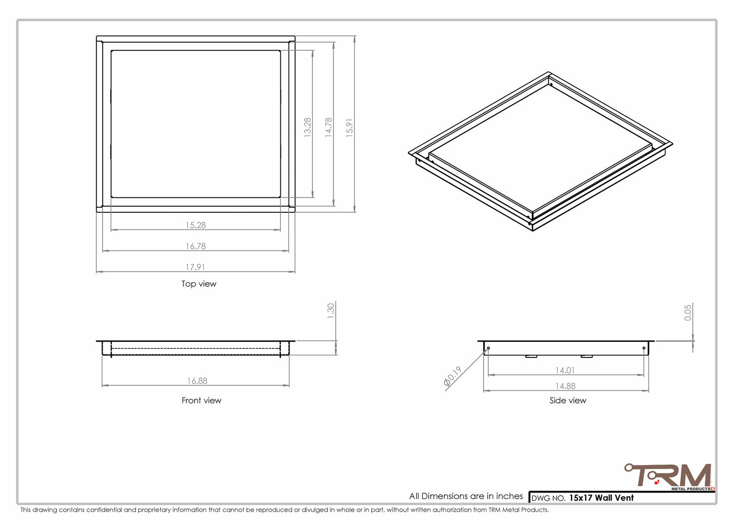 15x17 - Wall Vent - Modern Vent Cover -  Return Air Vent - TRM Metal  17x15