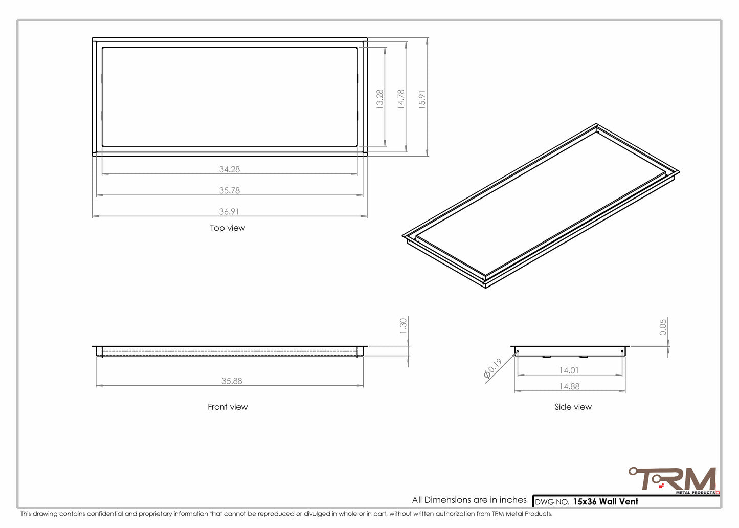 15x36 - Wall Vent - Modern Vent Cover -  Return Air Vent - TRM Metal  36x15