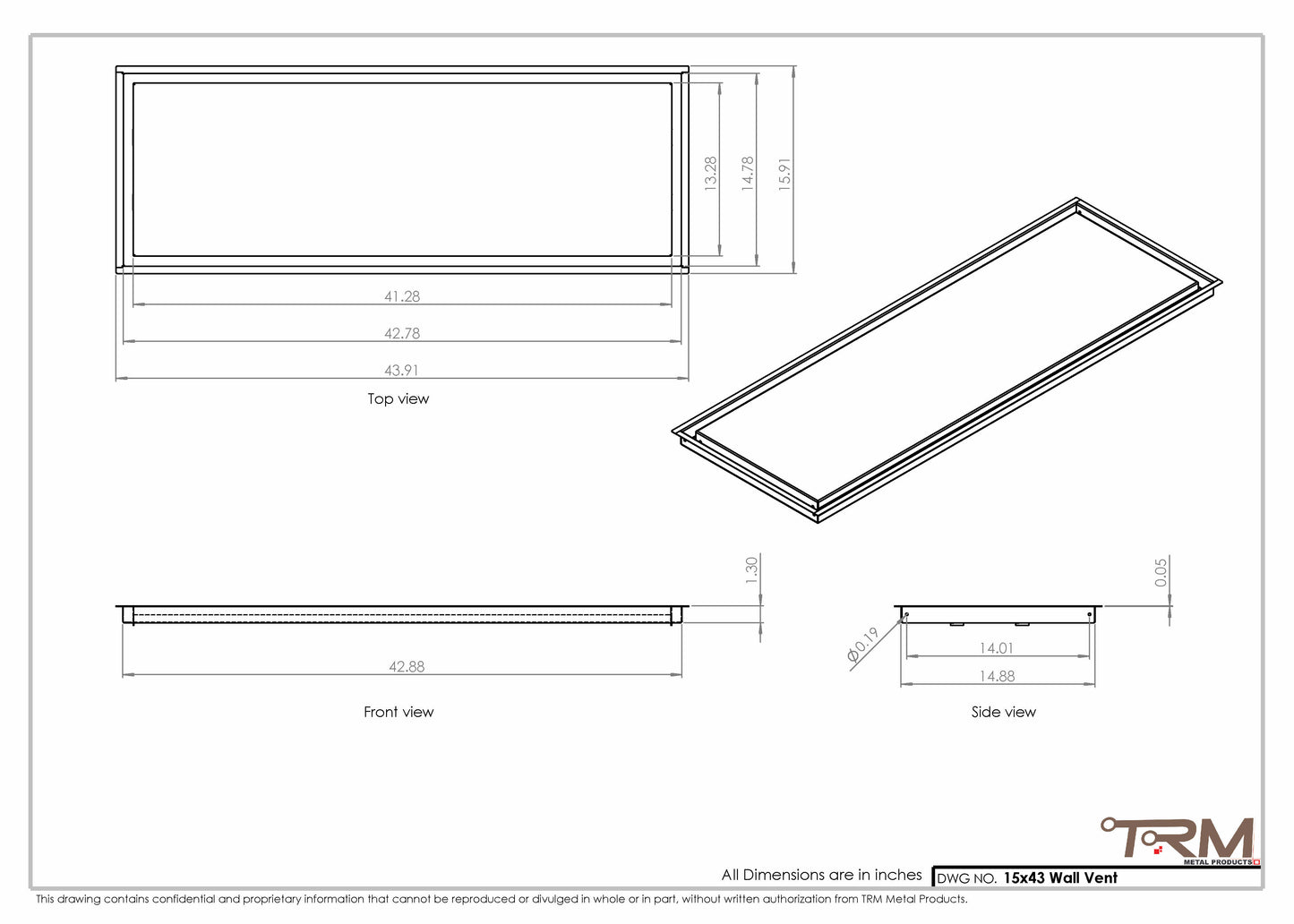 15x43 - Wall Vent - Modern Vent Cover -  Return Air Vent - TRM Metal  43x15