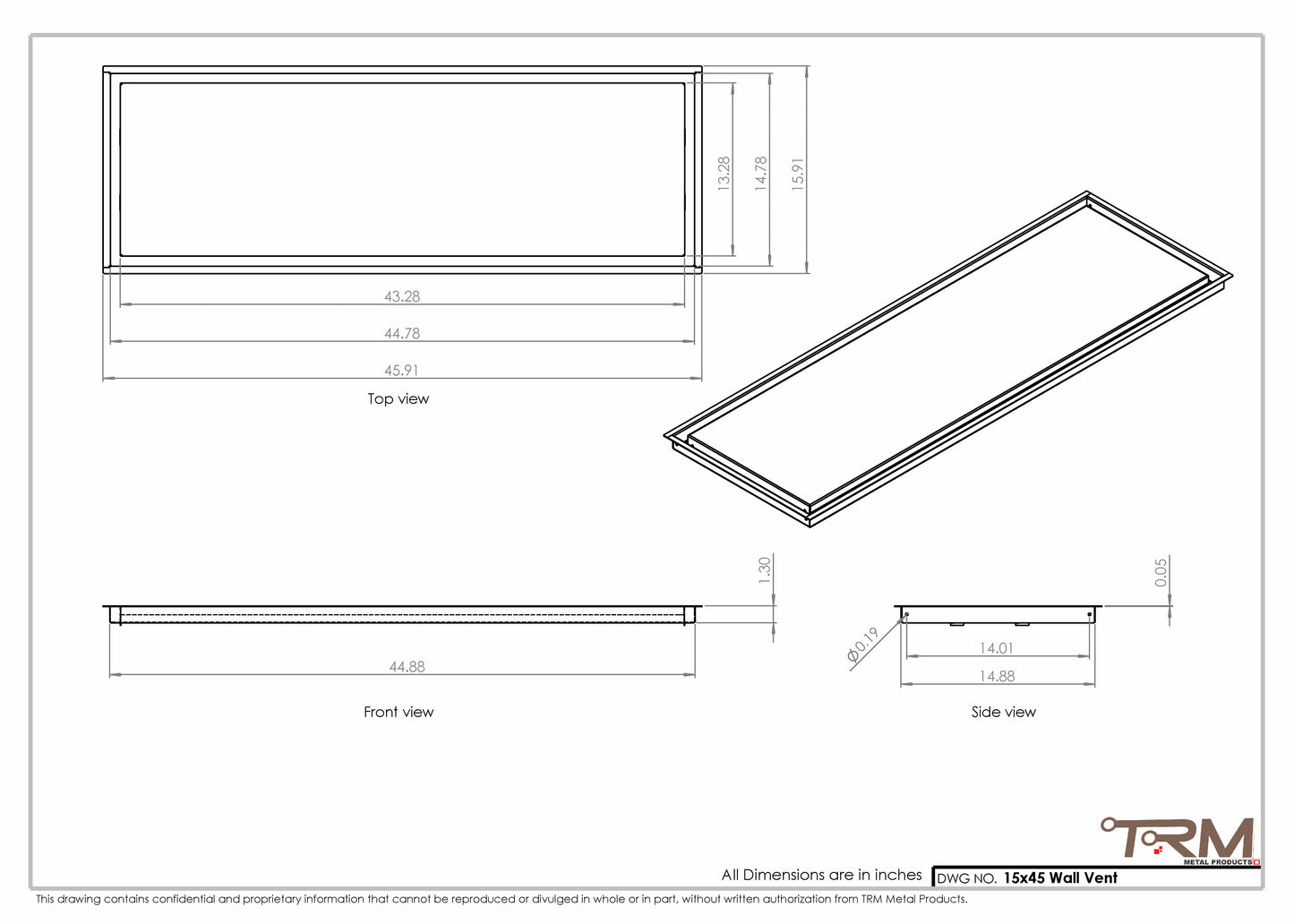 15x45 - Wall Vent - Modern Vent Cover -  Return Air Vent - TRM Metal  45x15