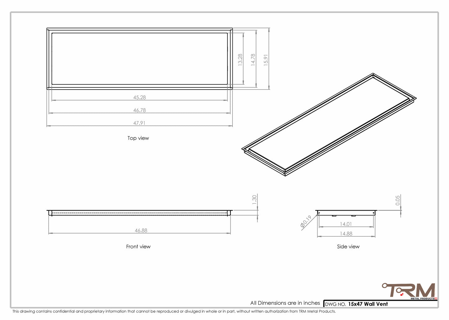 15x47 - Wall Vent - Modern Vent Cover -  Return Air Vent - TRM Metal  47x15