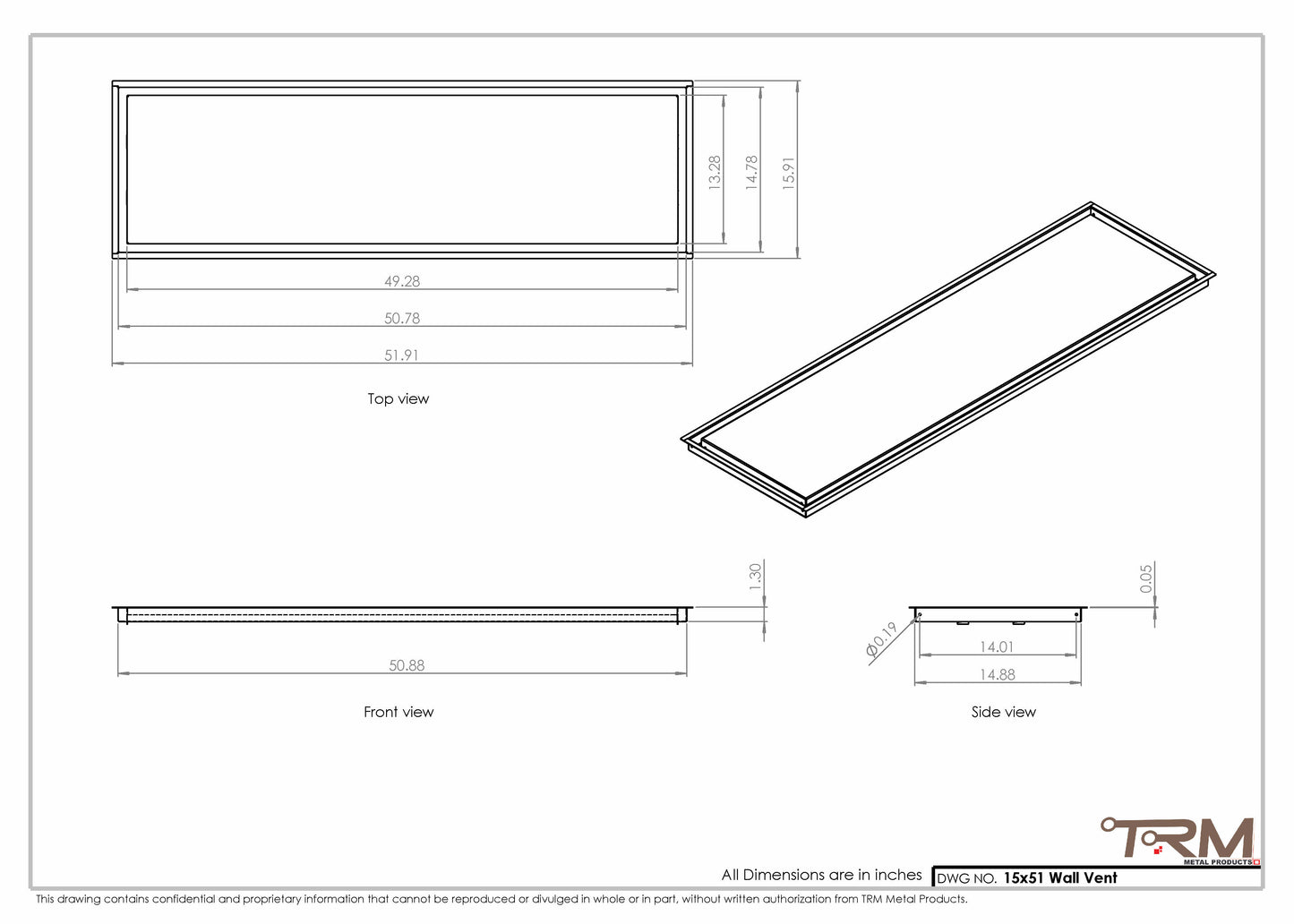 15x51 - Wall Vent - Modern Vent Cover -  Return Air Vent - TRM Metal  51x15