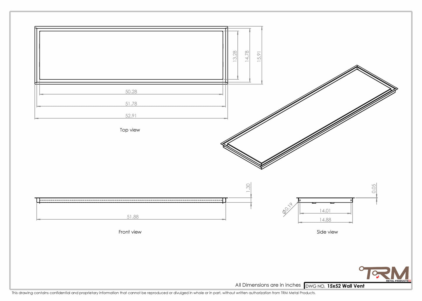 15x52 - Wall Vent - Modern Vent Cover -  Return Air Vent - TRM Metal  52x15
