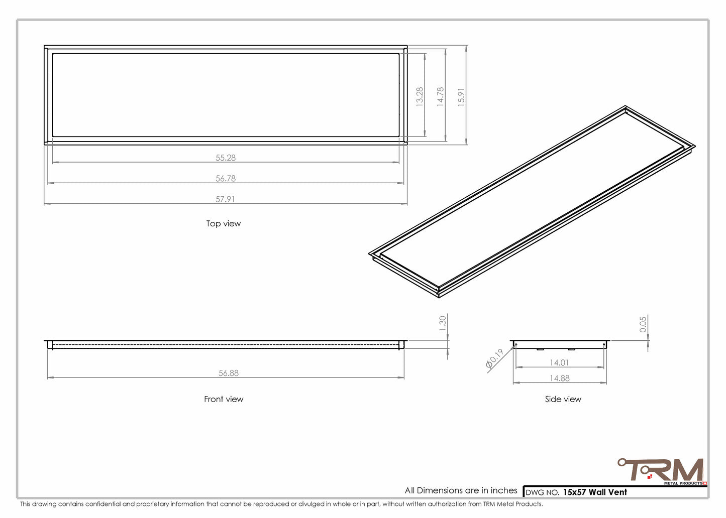 15x57 - Wall Vent - Modern Vent Cover -  Return Air Vent - TRM Metal  57x15