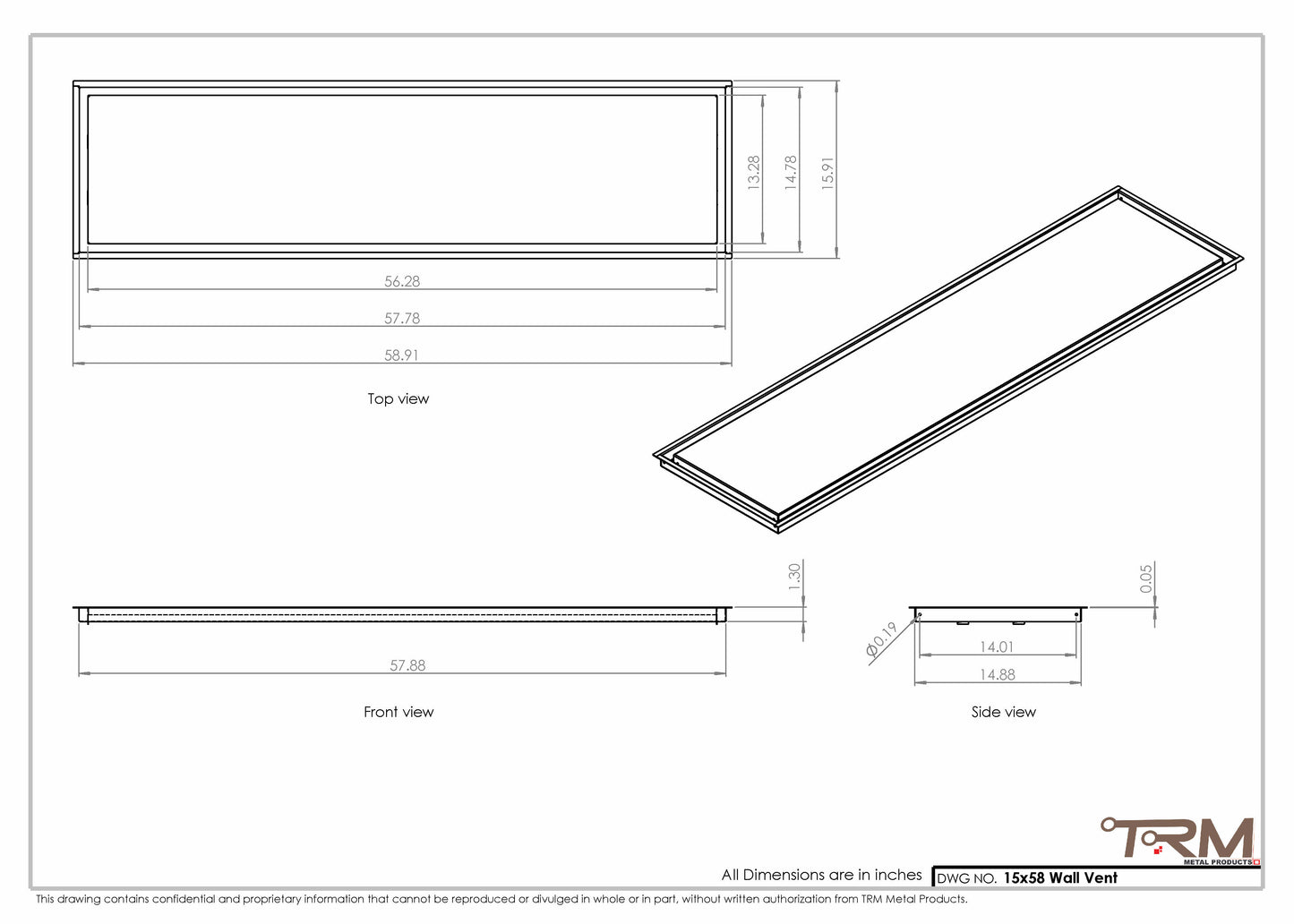 15x58 - Wall Vent - Modern Vent Cover -  Return Air Vent - TRM Metal  58x15