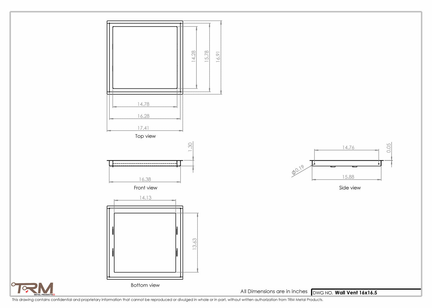 16x16.5 - Wall Vent - Modern Vent Cover -  Return Air Vent - TRM Metal  16.5x16