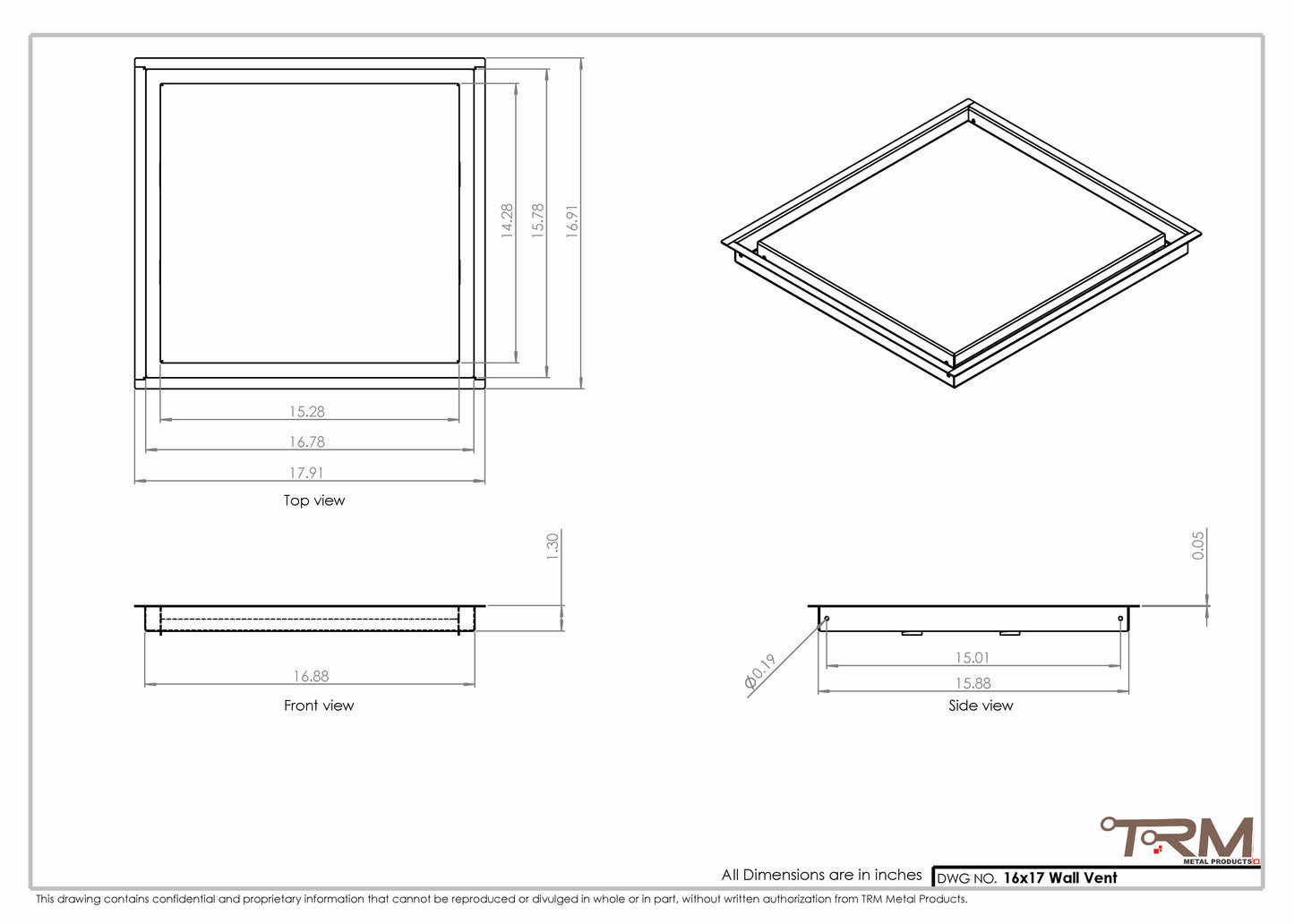16x17 - Wall Vent - Modern Vent Cover -  Return Air Vent - TRM Metal  17x16