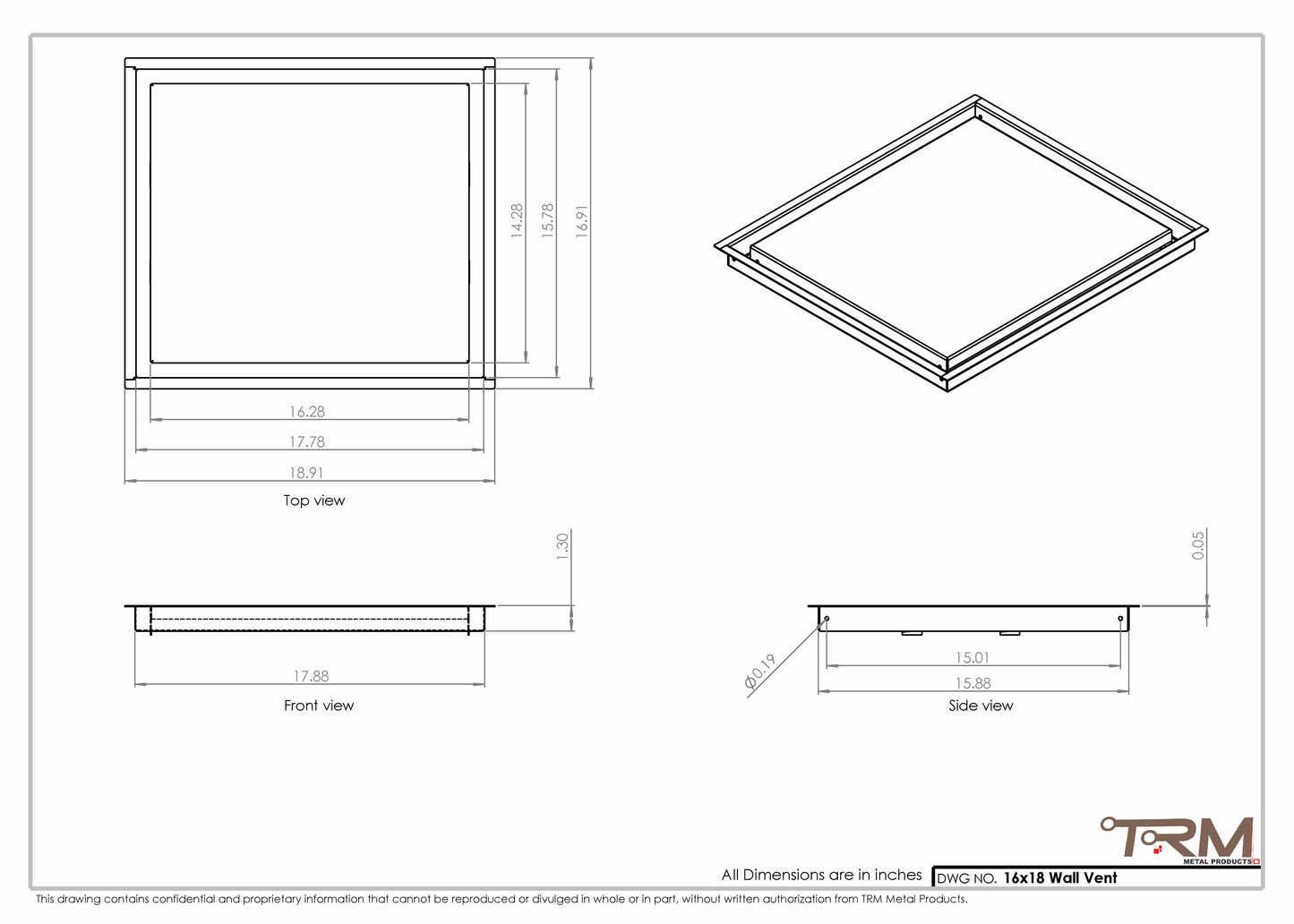 16x18 - Wall Vent - Modern Vent Cover -  Return Air Vent - TRM Metal  18x16