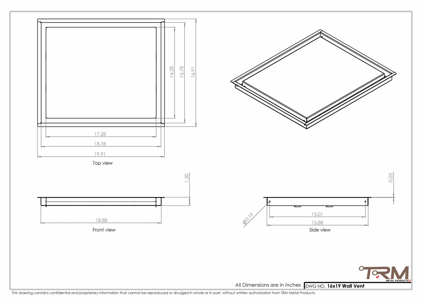 16x19 - Wall Vent - Modern Vent Cover -  Return Air Vent - TRM Metal  19x16