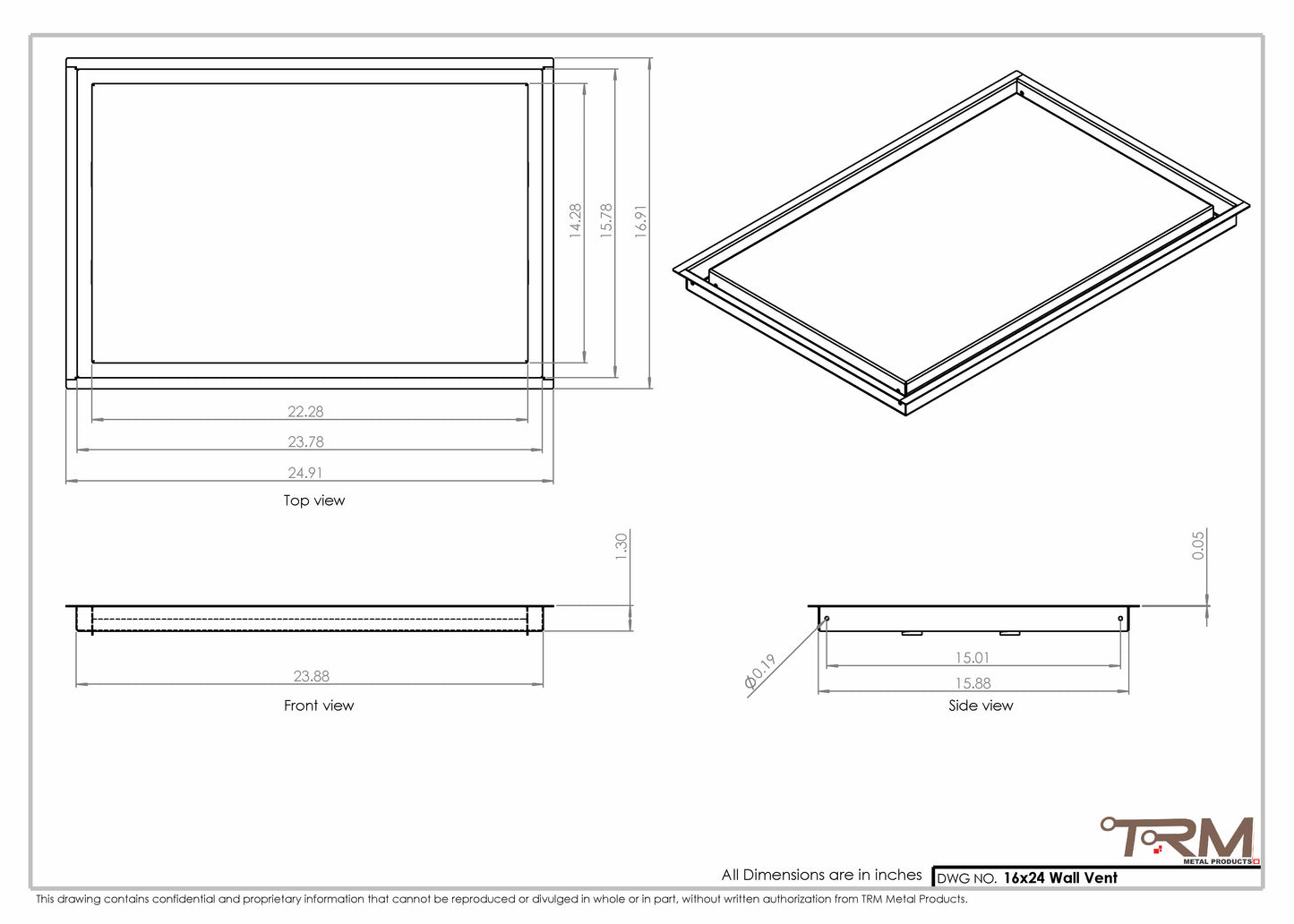 16x24 - Wall Vent - Modern Vent Cover -  Return Air Vent - TRM Metal  24x16