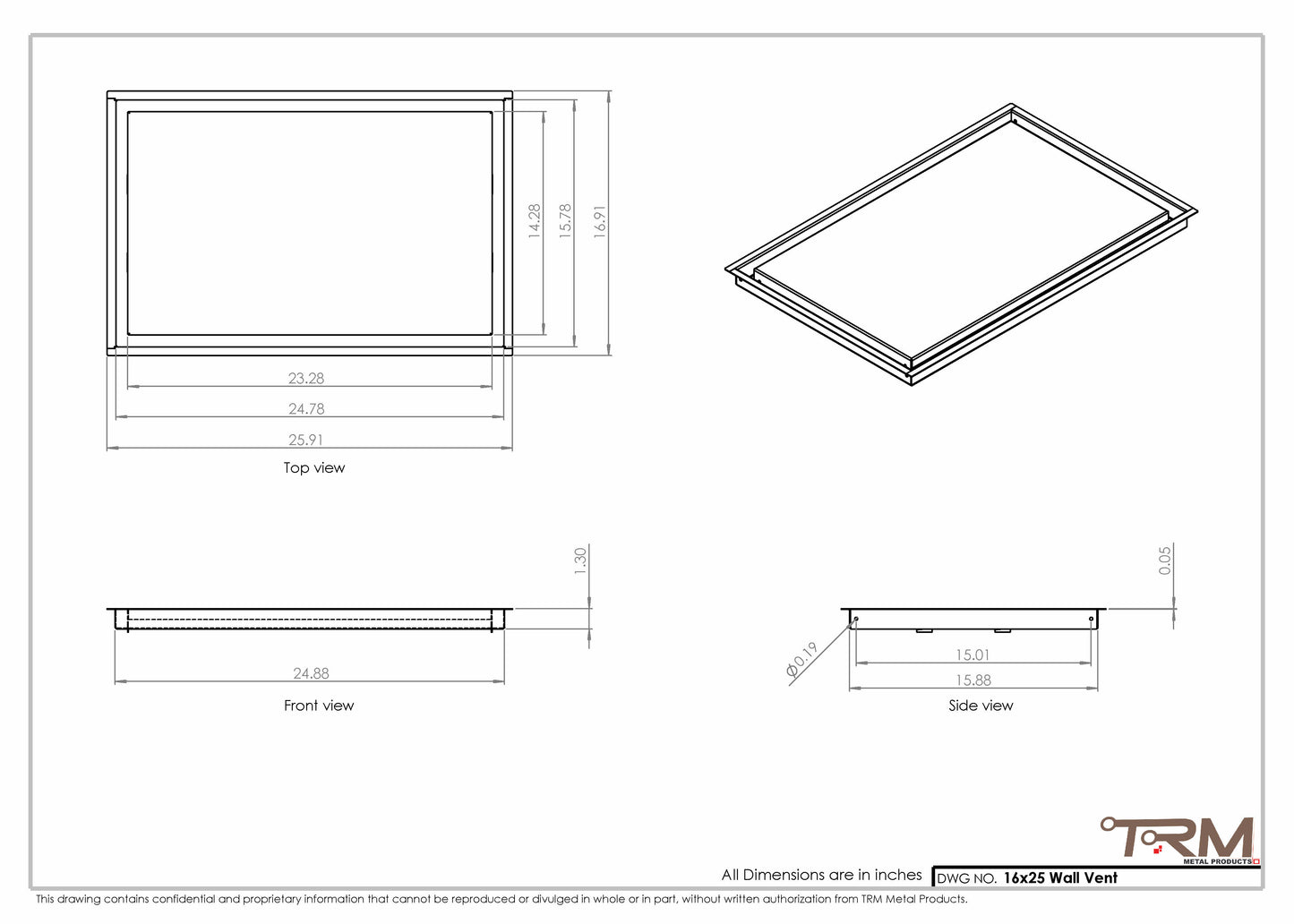 16x25 - Wall Vent - Modern Vent Cover -  Return Air Vent - TRM Metal  25x16