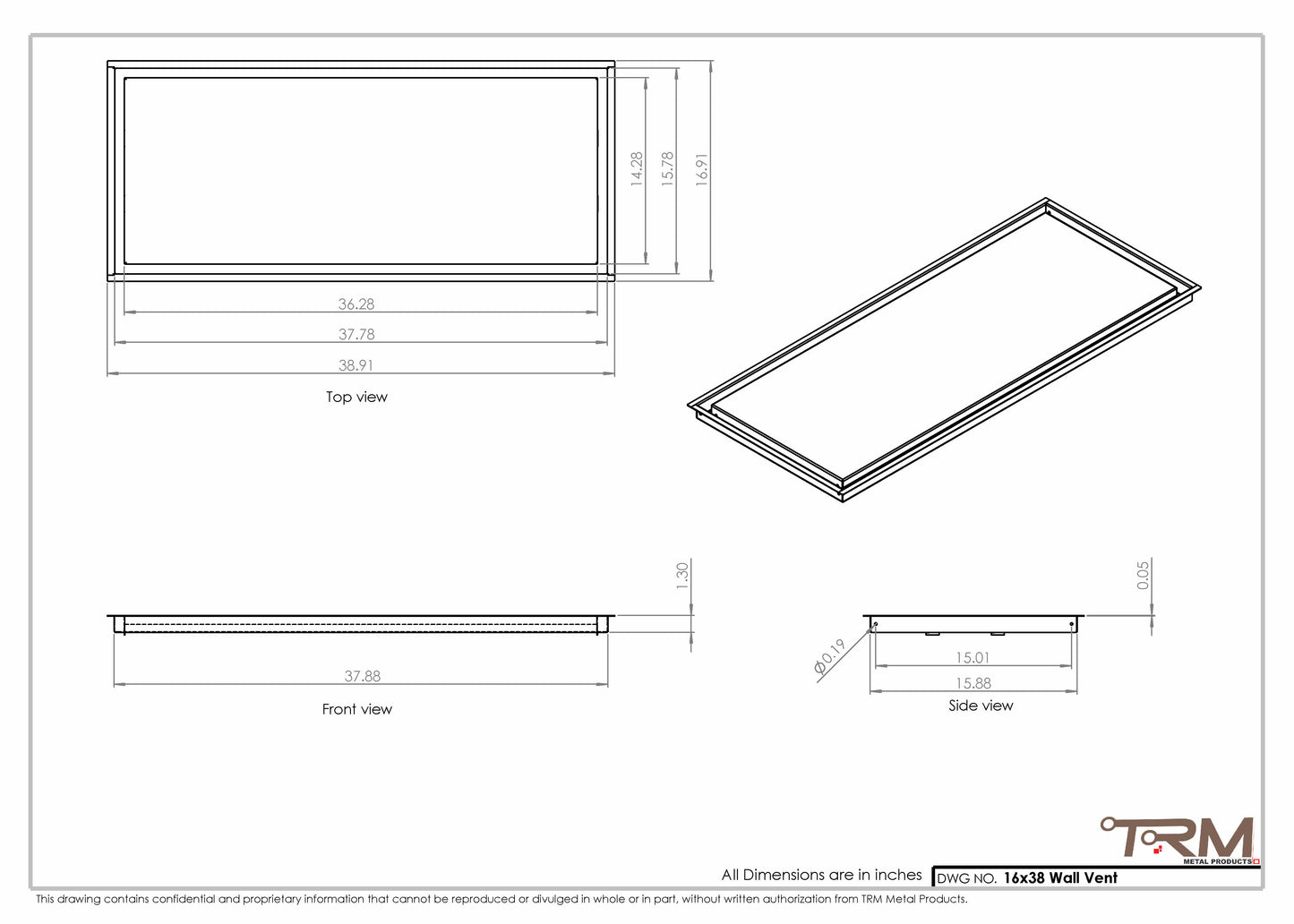 16x38 - Wall Vent - Modern Vent Cover -  Return Air Vent - TRM Metal  38x16