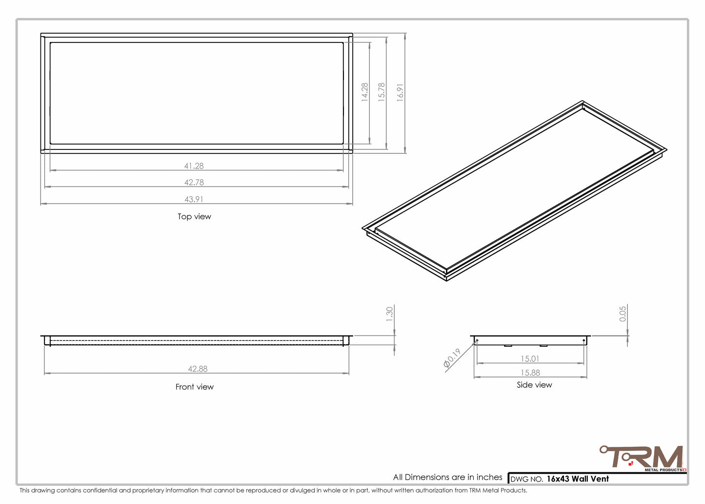 16x43 - Wall Vent - Modern Vent Cover -  Return Air Vent - TRM Metal  43x16