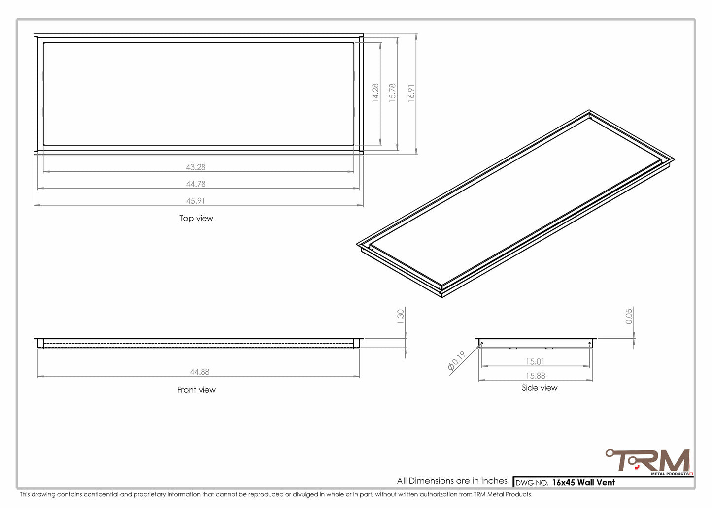 16x45 - Wall Vent - Modern Vent Cover -  Return Air Vent - TRM Metal  45x16