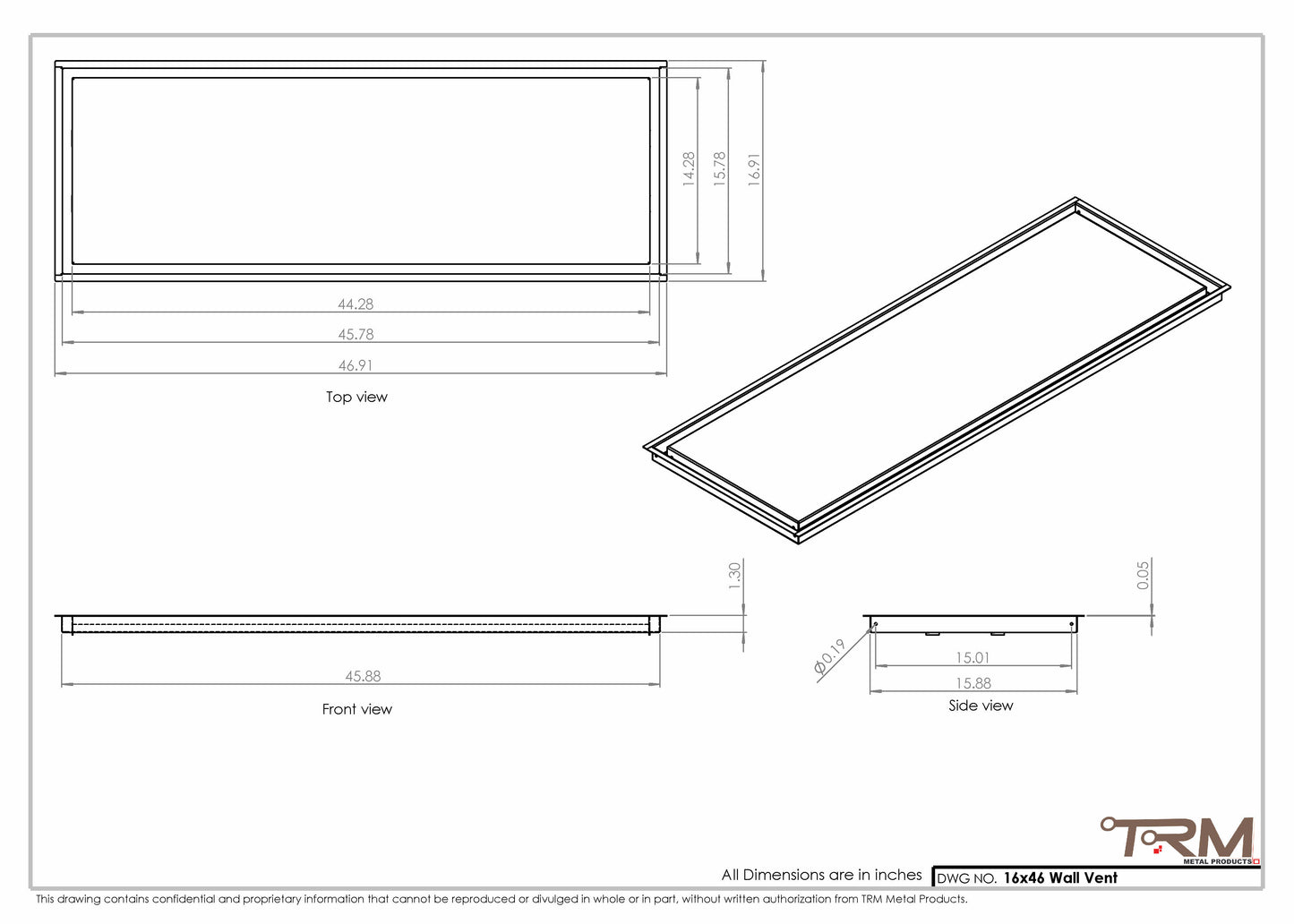 16x46 - Wall Vent - Modern Vent Cover -  Return Air Vent - TRM Metal  46x16